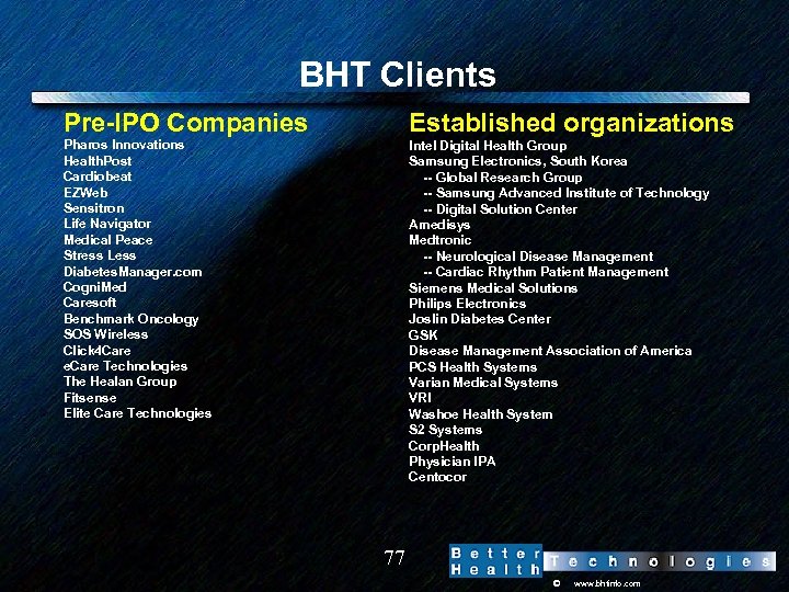 BHT Clients Pre-IPO Companies Established organizations Pharos Innovations Health. Post Cardiobeat EZWeb Sensitron Life