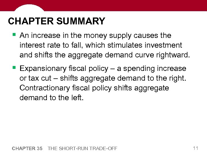 CHAPTER SUMMARY § An increase in the money supply causes the interest rate to