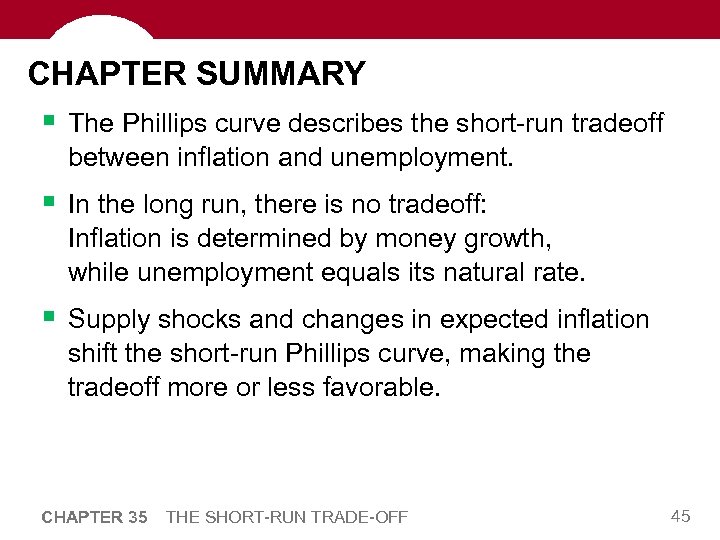 CHAPTER SUMMARY § The Phillips curve describes the short-run tradeoff between inflation and unemployment.