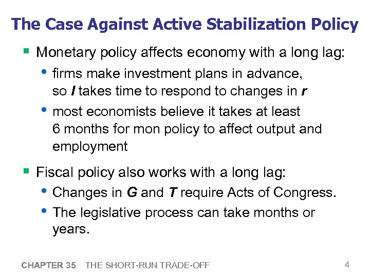 The Case Against Active Stabilization Policy § Monetary policy affects economy with a long