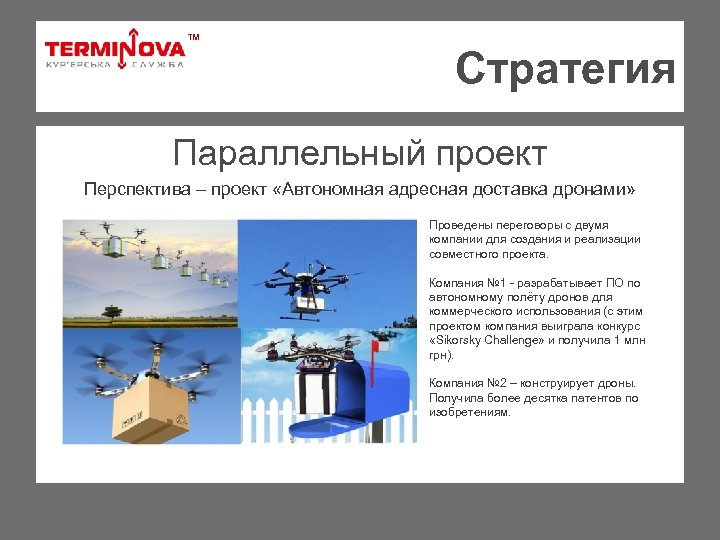 ТМ Стратегия Параллельный проект Перспектива – проект «Автономная адресная доставка дронами» Проведены переговоры с
