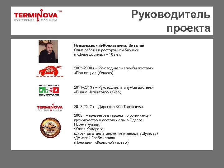 ТМ Руководитель проекта Невмержицкий-Коноваленко Виталий Опыт работы в ресторанном бизнесе и сфере доставки –