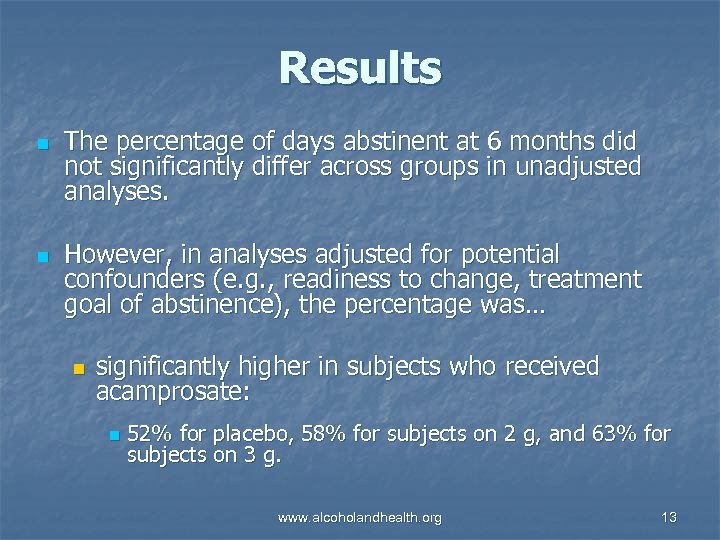 Results n n The percentage of days abstinent at 6 months did not significantly