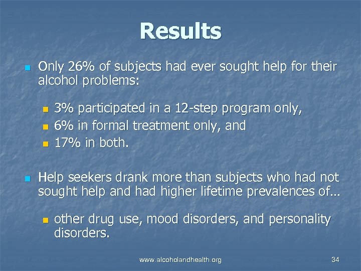 Results n Only 26% of subjects had ever sought help for their alcohol problems: