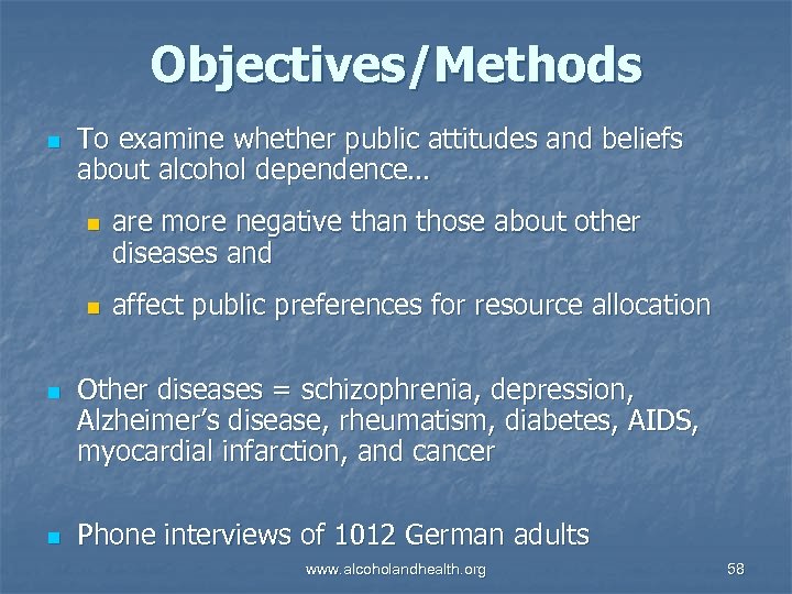 Objectives/Methods n To examine whether public attitudes and beliefs about alcohol dependence… n n