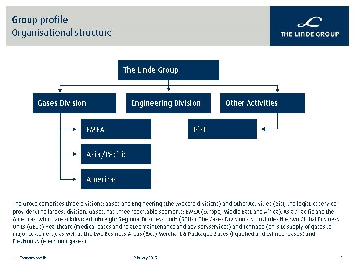 Group profile Organisational structure The Linde Group Gases Division Engineering Division EMEA Other Activities