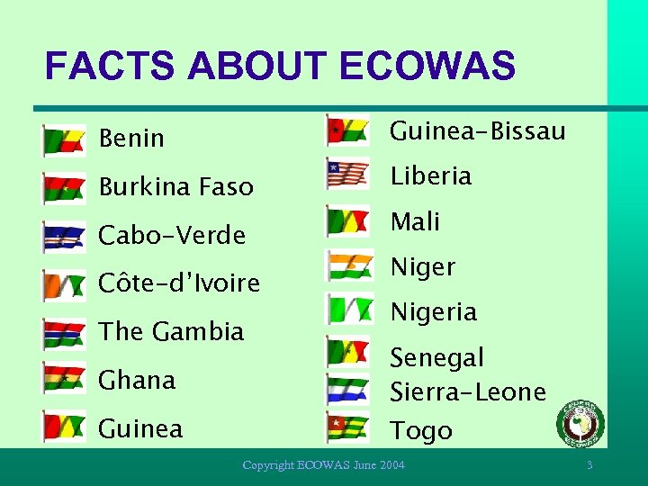 FACTS ABOUT ECOWAS Guinea-Bissau Benin Burkina Faso Cabo-Verde Côte-d’Ivoire The Gambia Ghana Guinea Liberia