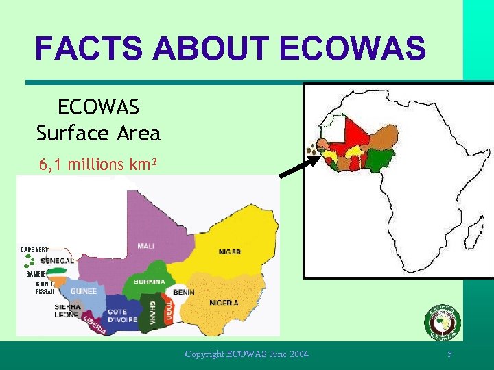 FACTS ABOUT ECOWAS Surface Area 6, 1 millions km² Copyright ECOWAS June 2004 5