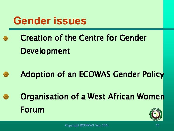 Gender issues Creation of the Centre for Gender Development Adoption of an ECOWAS Gender