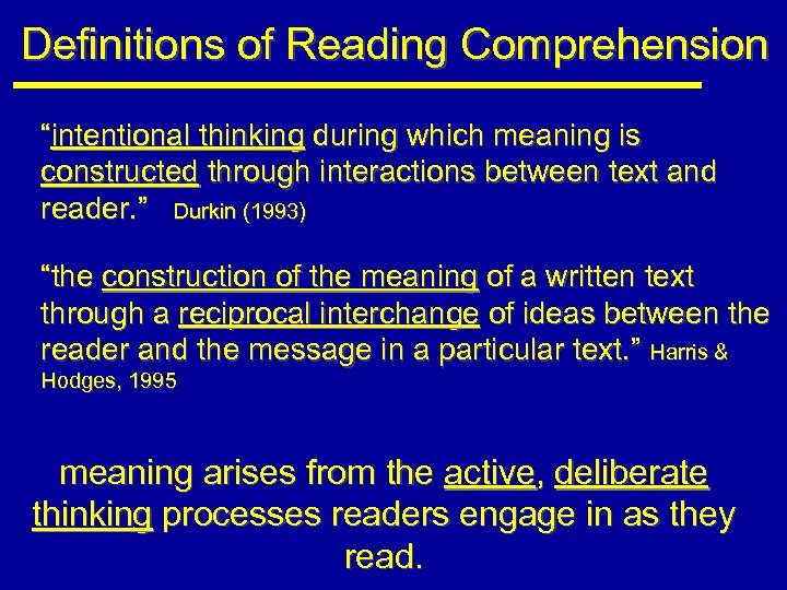 Definitions of Reading Comprehension “intentional thinking during which meaning is constructed through interactions between