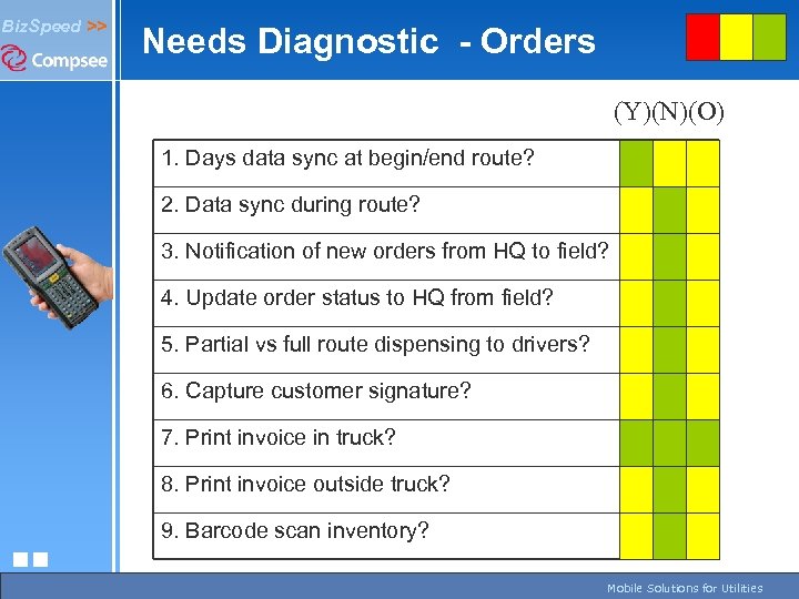 Biz. Speed >> Needs Diagnostic - Orders (Y)(N)(O) 1. Days data sync at begin/end