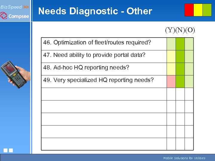 Biz. Speed >> Needs Diagnostic - Other (Y)(N)(O) 46. Optimization of fleet/routes required? 47.