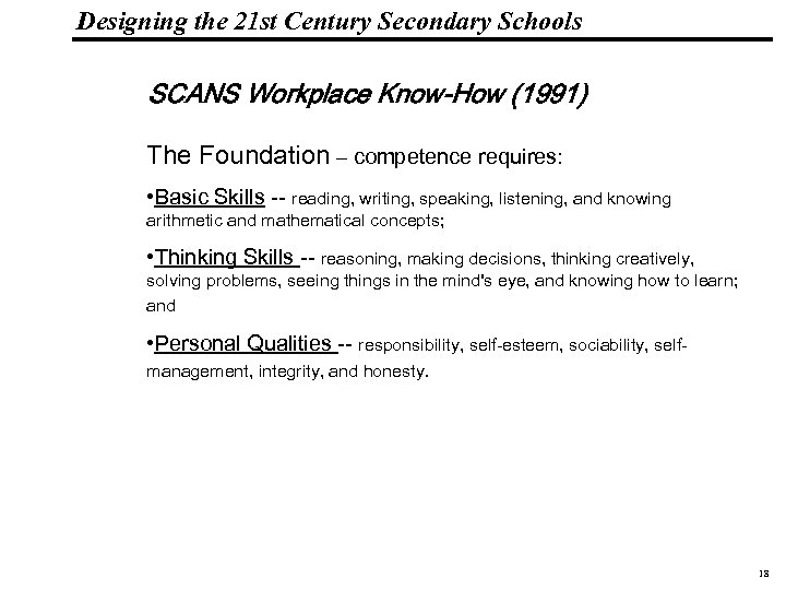 Designing the 21 st Century Secondary Schools 19 1083 _Macros SCANS Workplace Know-How (1991)