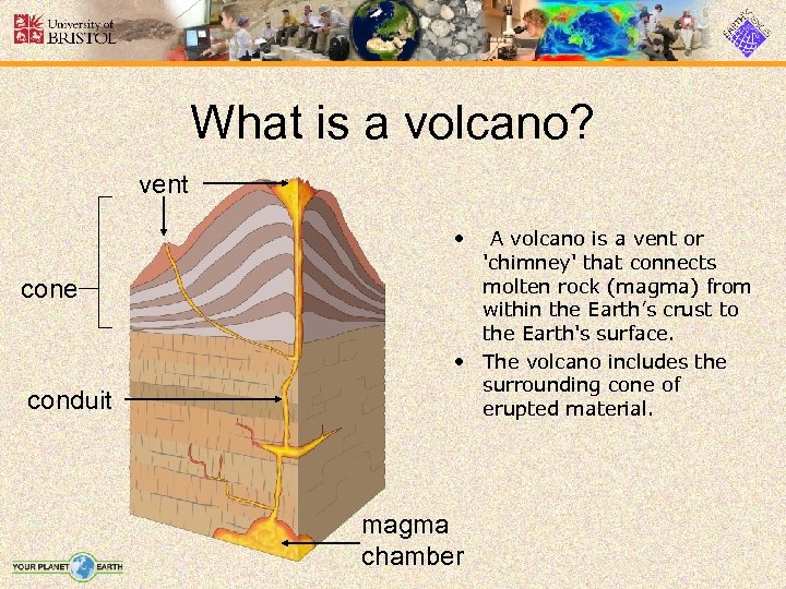 What is a volcano? vent • cone conduit A volcano is a vent or