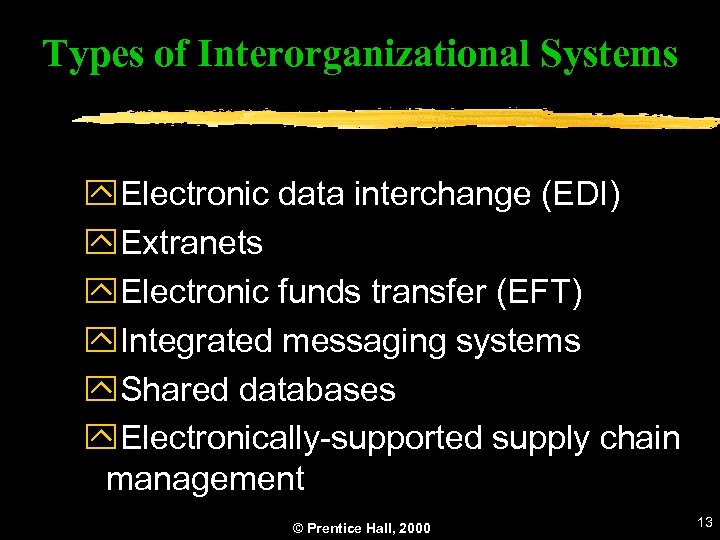 Types of Interorganizational Systems y. Electronic data interchange (EDI) y. Extranets y. Electronic funds