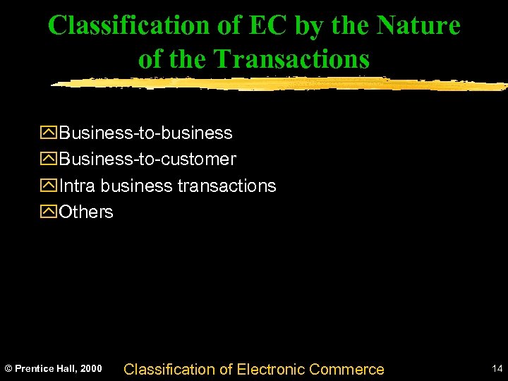 Classification of EC by the Nature of the Transactions y. Business-to-business y. Business-to-customer y.