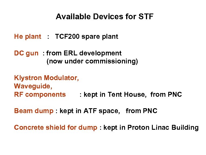 Available Devices for STF He plant : TCF 200 spare plant DC gun :