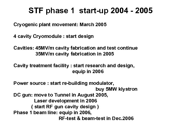 STF phase 1 start-up 2004 - 2005 Cryogenic plant movement: March 2005 4 cavity