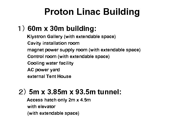 Proton Linac Building １） 60 m x 30 m building: Klystron Gallery (with extendable