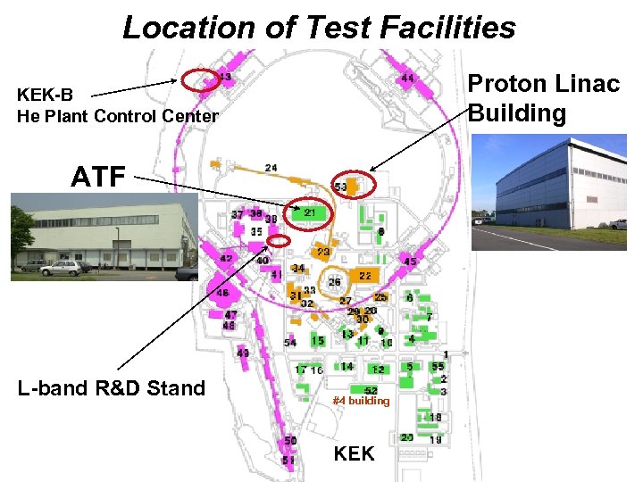 Location of Test Facilities Proton Linac Building KEK-B He Plant Control Center ATF L-band