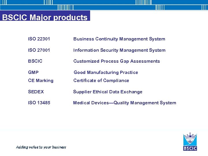 BSCIC Major products ISO 22301 Business Continuity Management System ISO 27001 Information Security Management