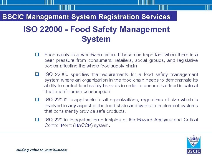 BSCIC Management System Registration Services ISO 22000 - Food Safety Management System q Food