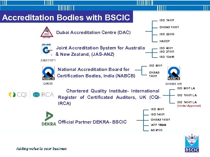 Accreditation Bodies with BSCIC ISO 14001 OHSAS 18001 Dubai Accreditation Centre (DAC) ISO 22000