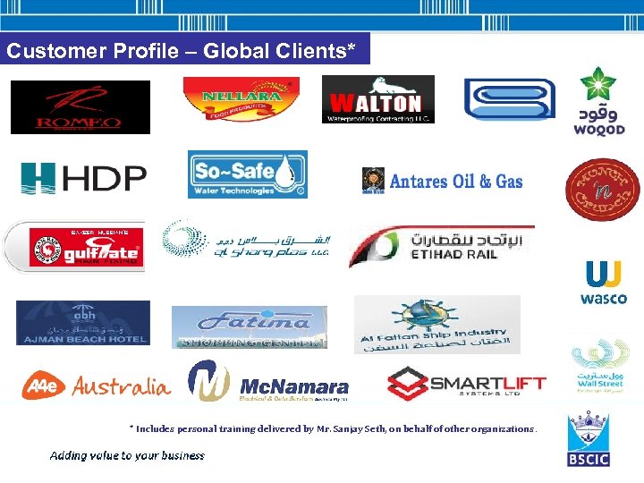 Customer Profile – Global Clients* * Includes personal training delivered by Mr. Sanjay Seth,