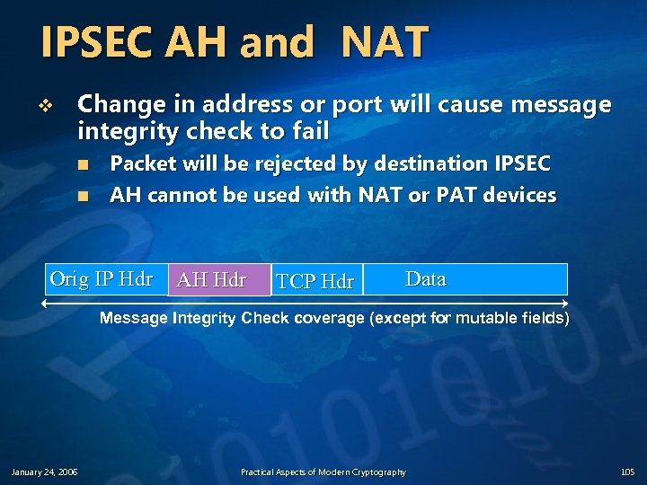 IPSEC AH and NAT v Change in address or port will cause message integrity