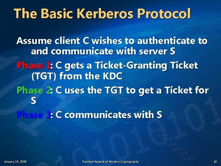 The Basic Kerberos Protocol Assume client C wishes to authenticate to and communicate with