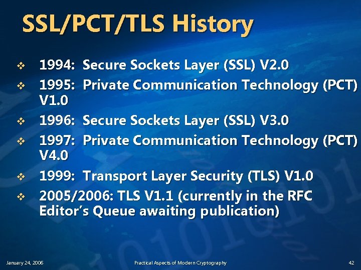 SSL/PCT/TLS History v v v 1994: Secure Sockets Layer (SSL) V 2. 0 1995: