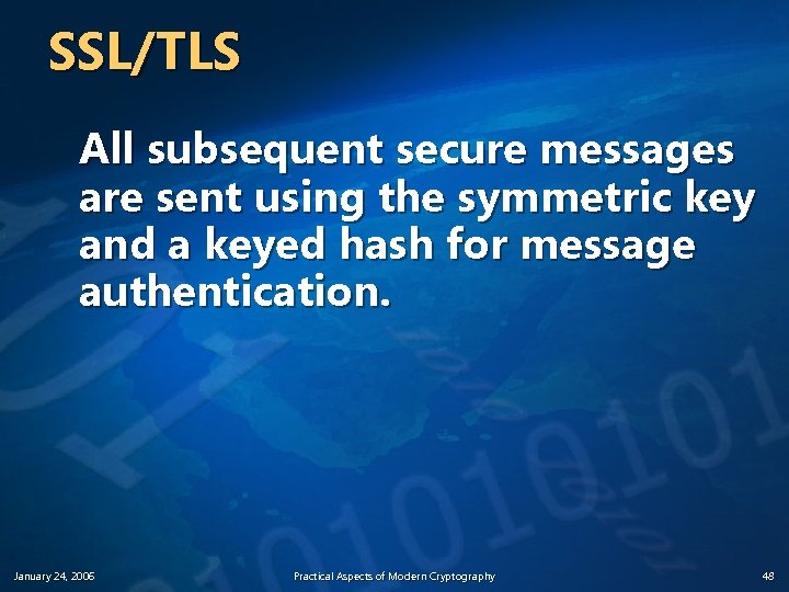 SSL/TLS All subsequent secure messages are sent using the symmetric key and a keyed