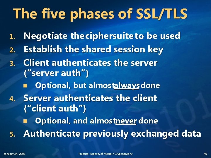 The five phases of SSL/TLS 1. 2. 3. Negotiate the ciphersuite to be used