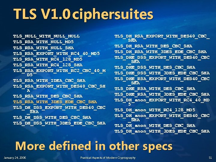 TLS V 1. 0 ciphersuites TLS_NULL_WITH_NULL TLS_RSA_WITH_NULL_MD 5 TLS_RSA_WITH_NULL_SHA TLS_RSA_EXPORT_WITH_RC 4_40_MD 5 TLS_RSA_WITH_RC 4_128_SHA