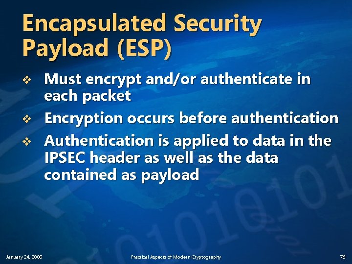 Encapsulated Security Payload (ESP) v v v January 24, 2006 Must encrypt and/or authenticate