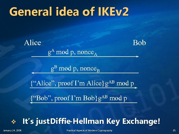 General idea of IKEv 2 Alice Bob g. A mod p, nonce. A g.