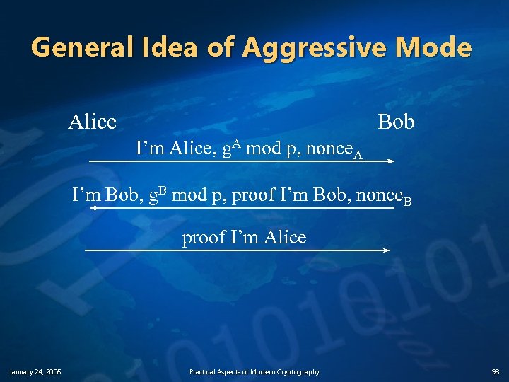 General Idea of Aggressive Mode Alice Bob I’m Alice, g. A mod p, nonce.