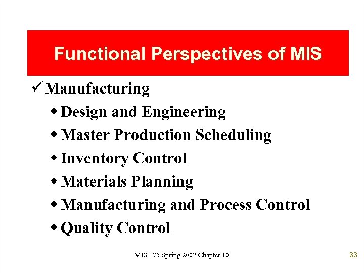 Functional Perspectives of MIS ü Manufacturing w Design and Engineering w Master Production Scheduling