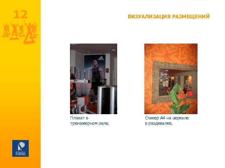 12 ВИЗУАЛИЗАЦИЯ РАЗМЕЩЕНИЙ Плакат в тренажерном зале. Стикер А 4 на зеркале в раздевалке.