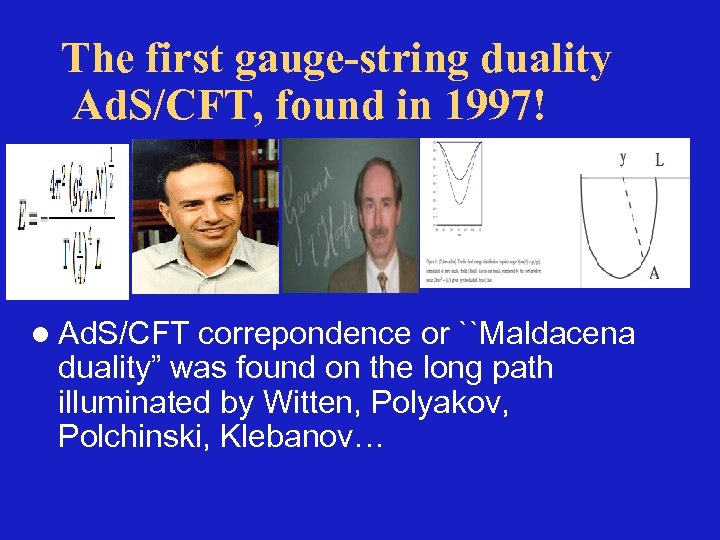 The first gauge-string duality Ad. S/CFT, found in 1997! l Ad. S/CFT correpondence or