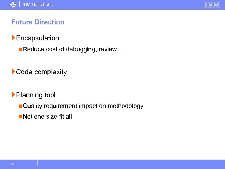 IBM Haifa Labs Future Direction } Encapsulation n Reduce cost of debugging, review …