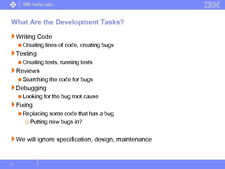 IBM Haifa Labs What Are the Development Tasks? } Writing Code n Creating lines