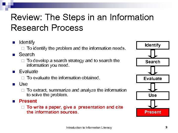 Review: The Steps in an Information Research Process n Identify ¨ n Search To