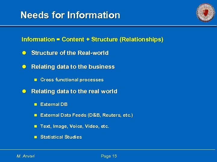 Needs for Information = Content + Structure (Relationships) l Structure of the Real-world l