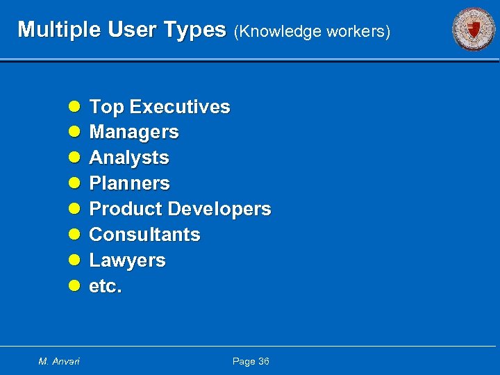 Multiple User Types (Knowledge workers) l l l l M. Anvari Top Executives Managers