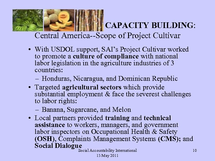 CAPACITY BUILDING: Central America--Scope of Project Cultivar • With USDOL support, SAI’s Project Cultivar