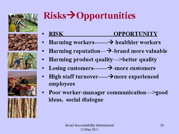 Risks Opportunities • • • RISK OPPORTUNITY Harming workers------- healthier workers Harming reputation— -brand