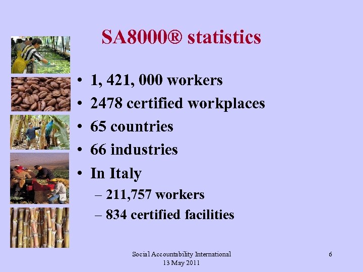 SA 8000® statistics • • • 1, 421, 000 workers 2478 certified workplaces 65