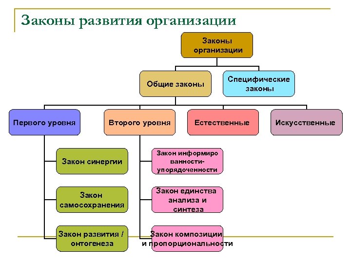 Законы развития организации Законы организации Общие законы Первого уровня Второго уровня Специфические законы Естественные