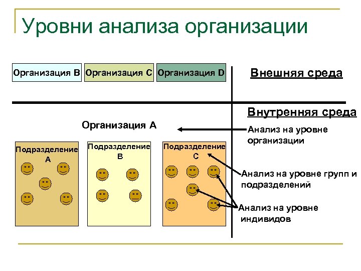 Уровни анализа организации Организация В Организация С Организация D Внешняя среда Внутренняя среда Организация